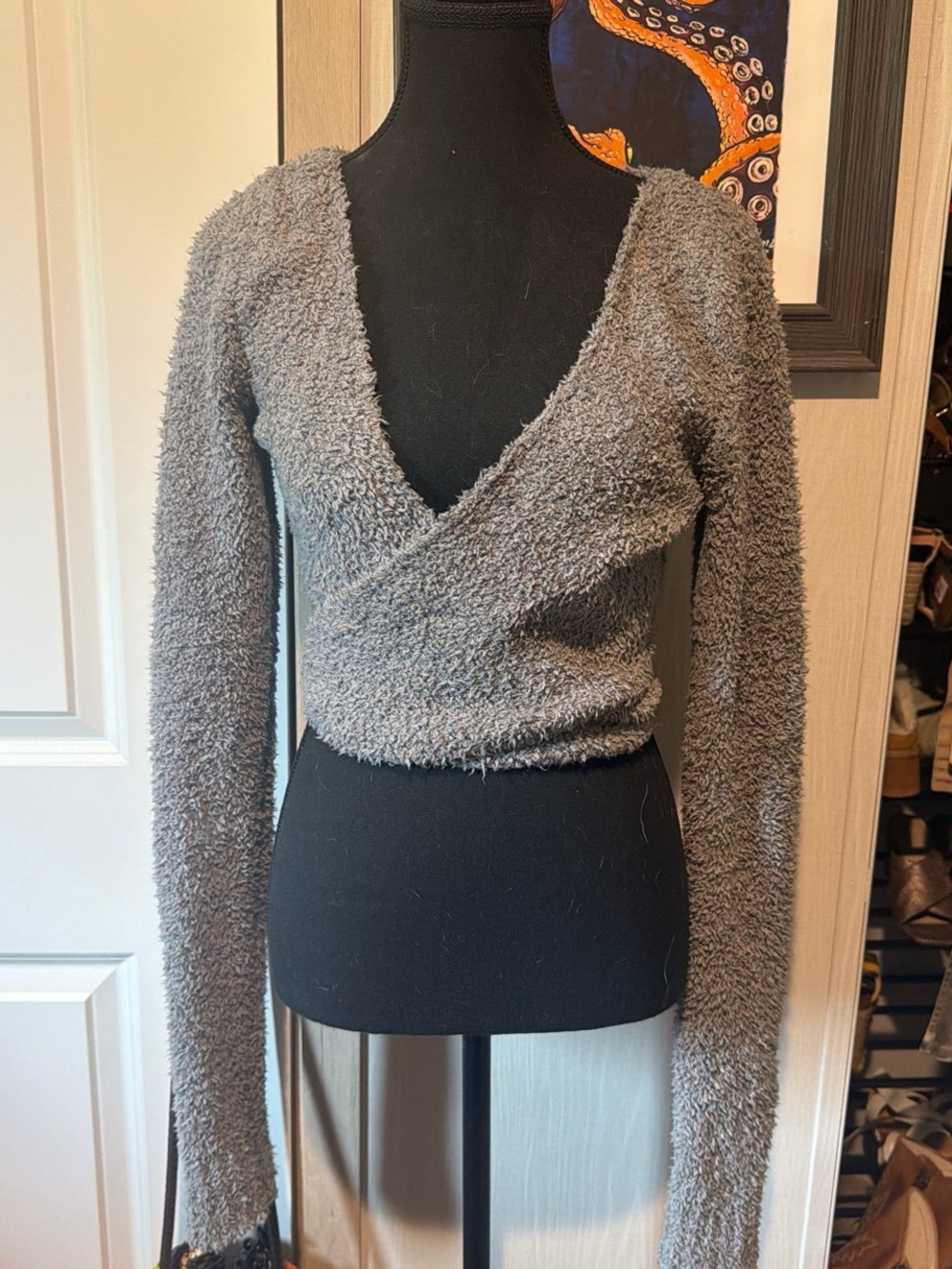 SKIMS Gray Fuzzy Wrap-Style Sweater